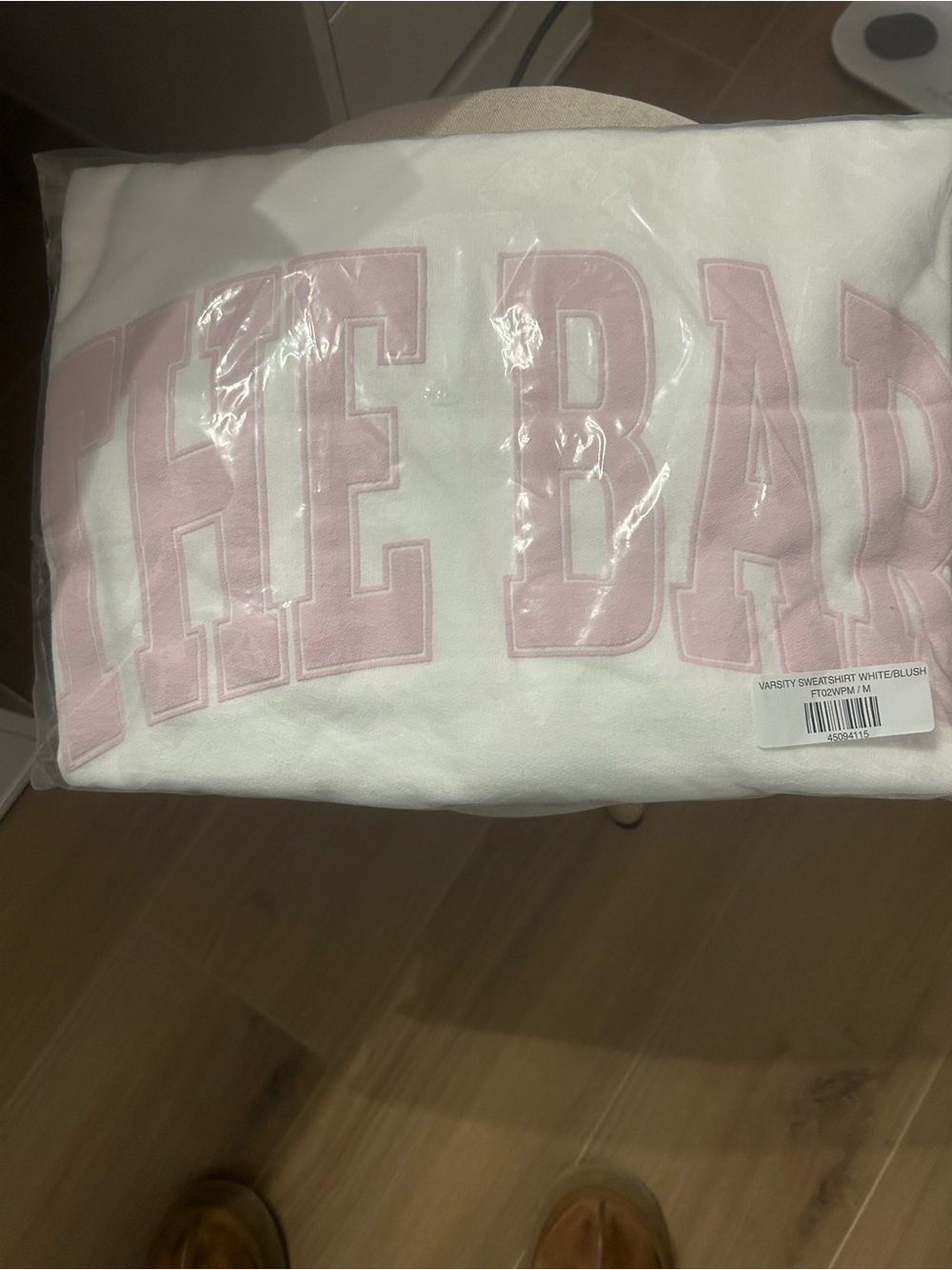 THE BAR- White Sweatshirt with Blush Pink Varsity Lettering
